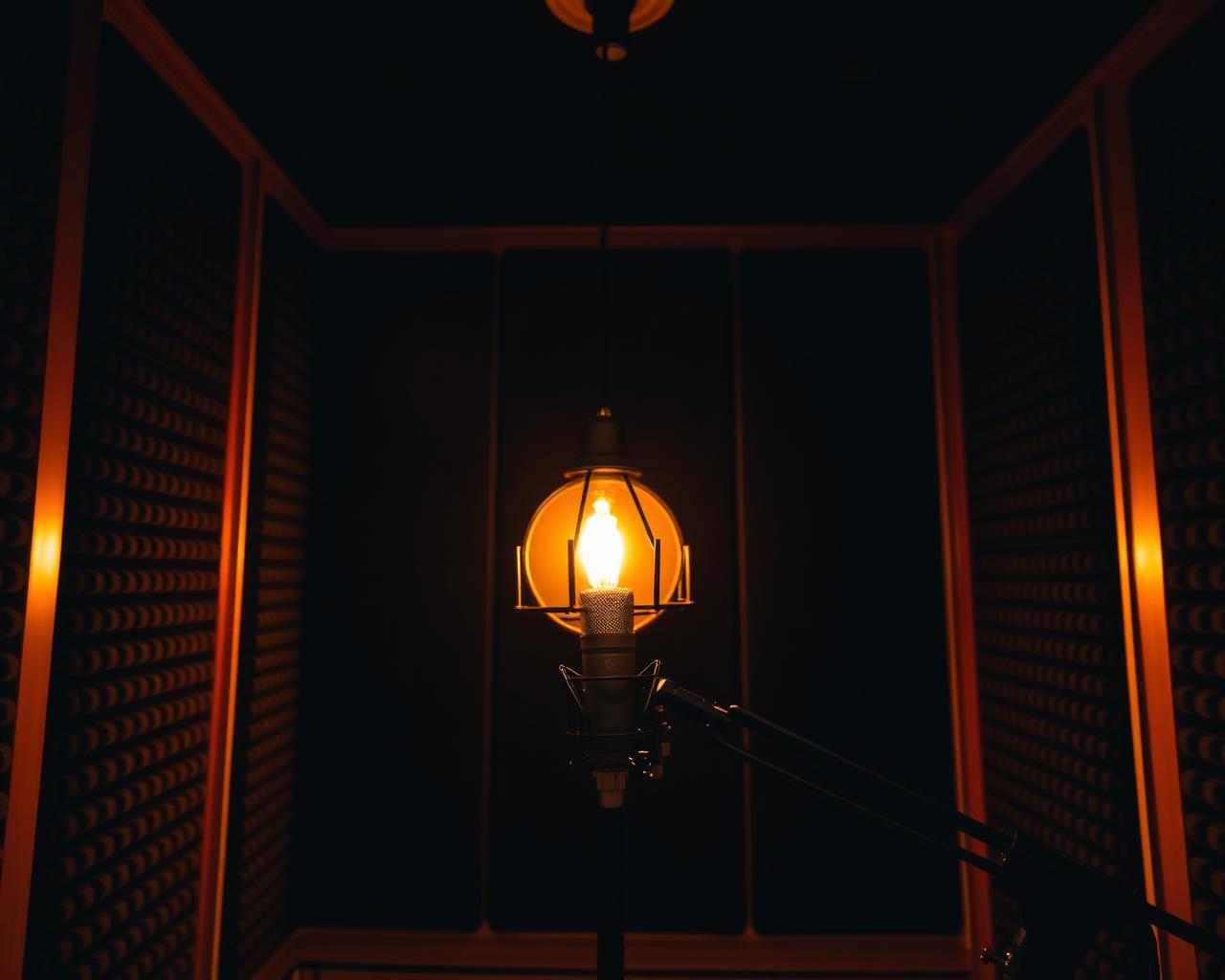 Studio session — vintage microphone in warm amber glow
